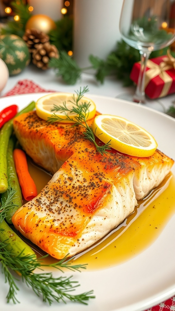 Festive Baked Salmon for Christmas Dinner Baked salmon fillet garnished with dill and lemon on a festive table.